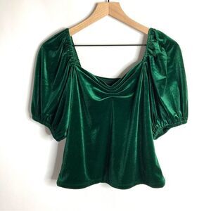 NWT RACHEL Rachel Roy Emerald Green Velvet Top Size Small Puff Short Sleeve Crop